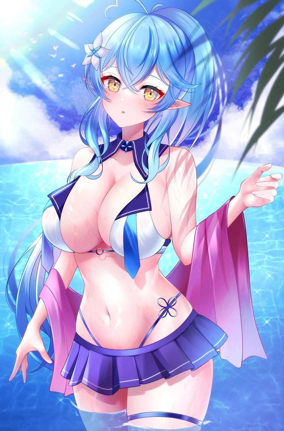 bikini garter hololive namagome_negi pointy_ears swimsuits wet yukihana_lamy