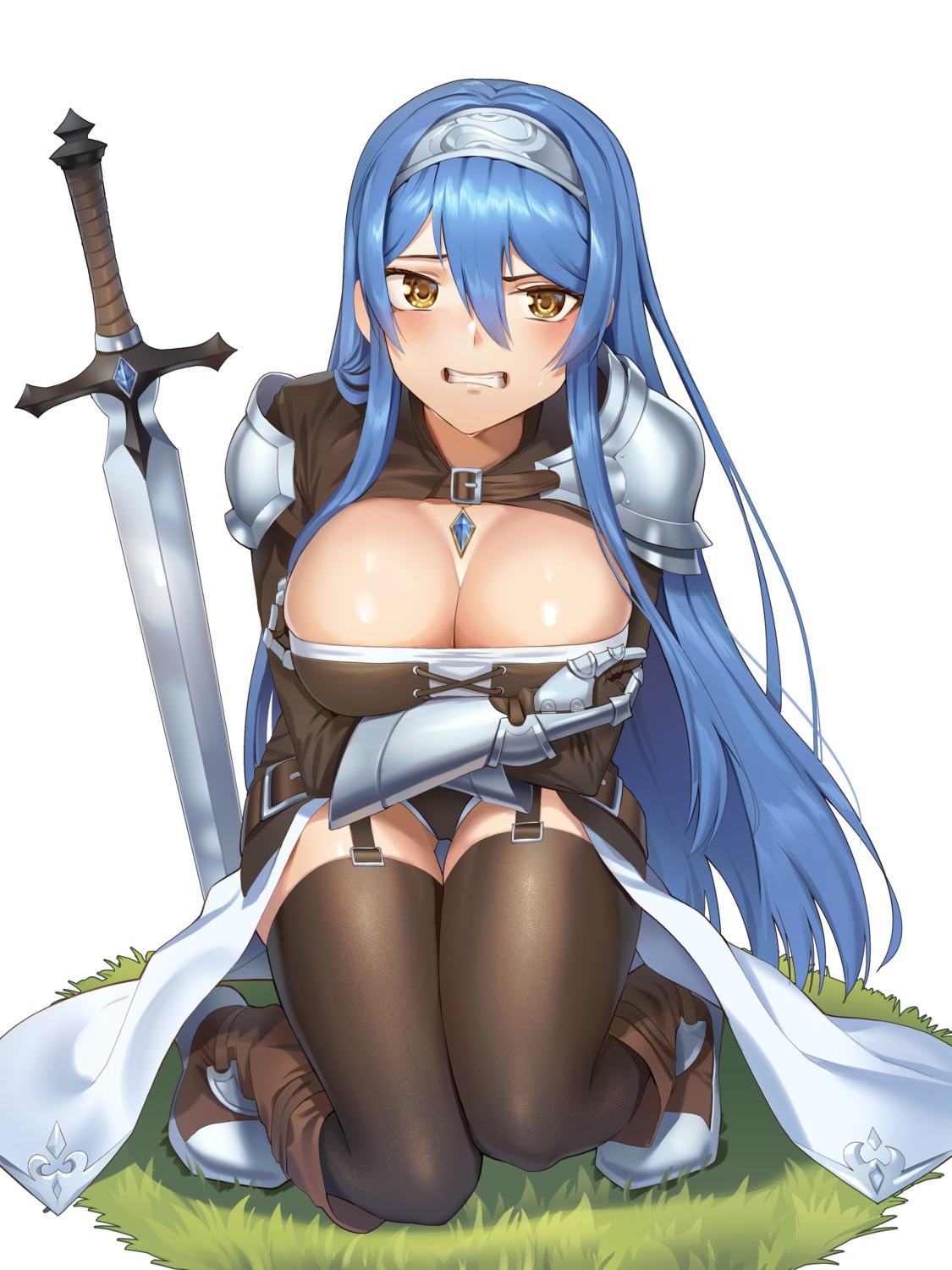 armor breast_hold goback no_bra stockings sword thighhighs