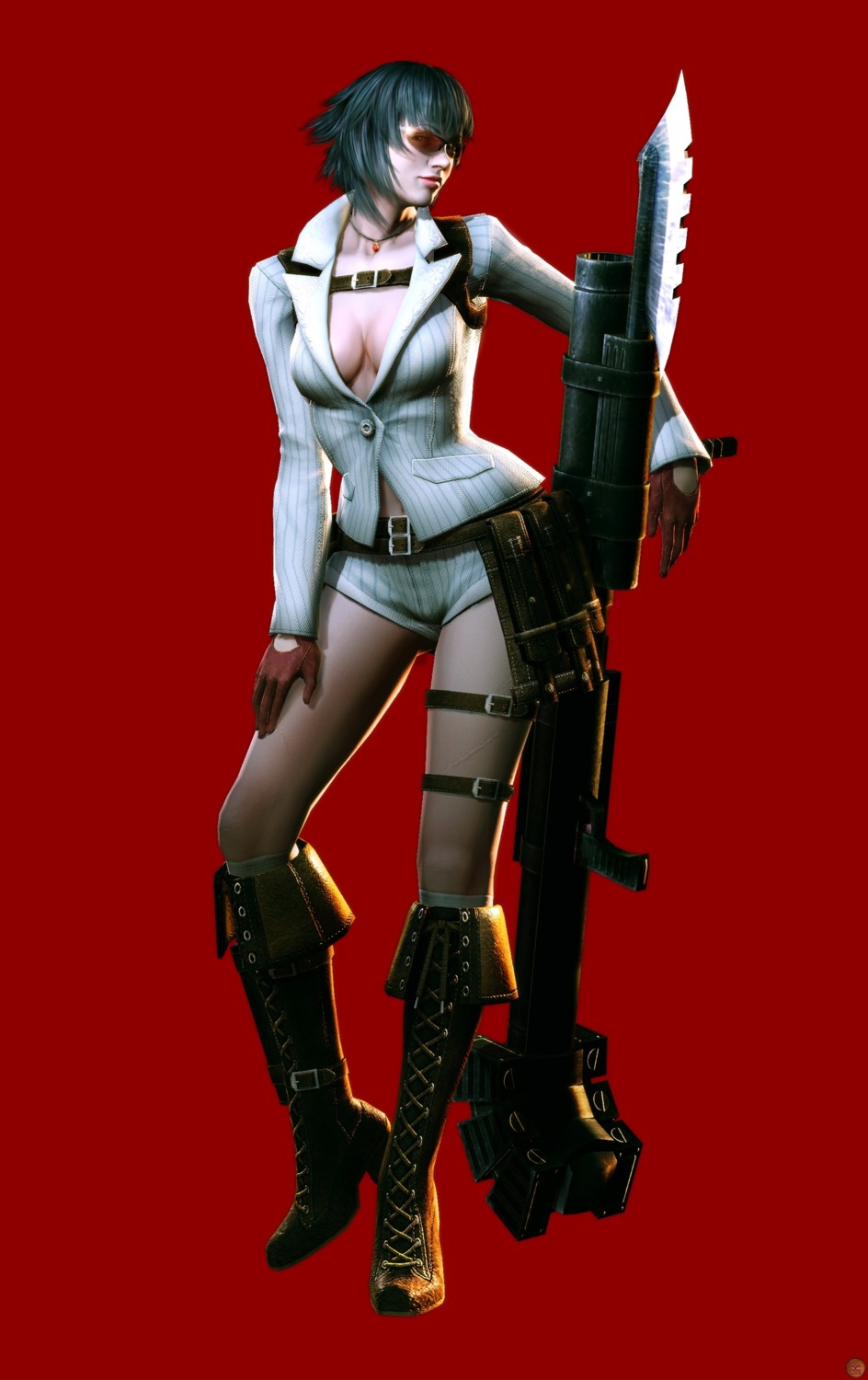 capcom cg cleavage devil_may_cry devil_may_cry_4 garter gun heels heterochromia lady megane no_bra