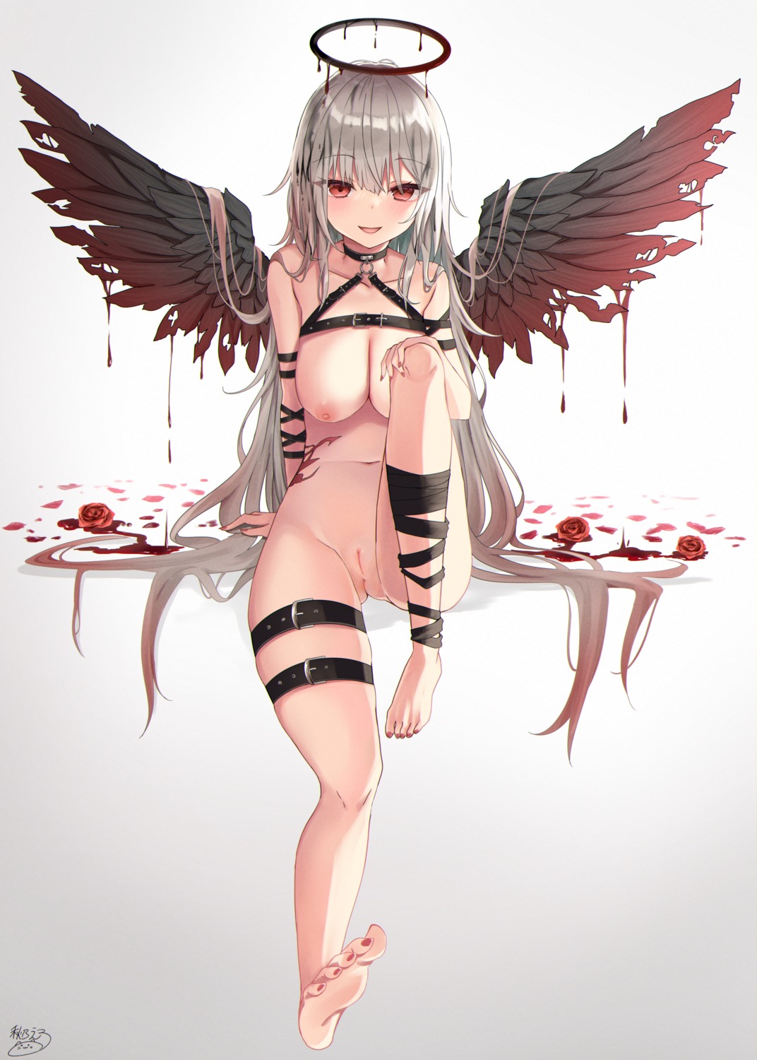 akino_ell angel blood bottomless breasts feet garter nipples no_bra pussy tattoo uncensored wings