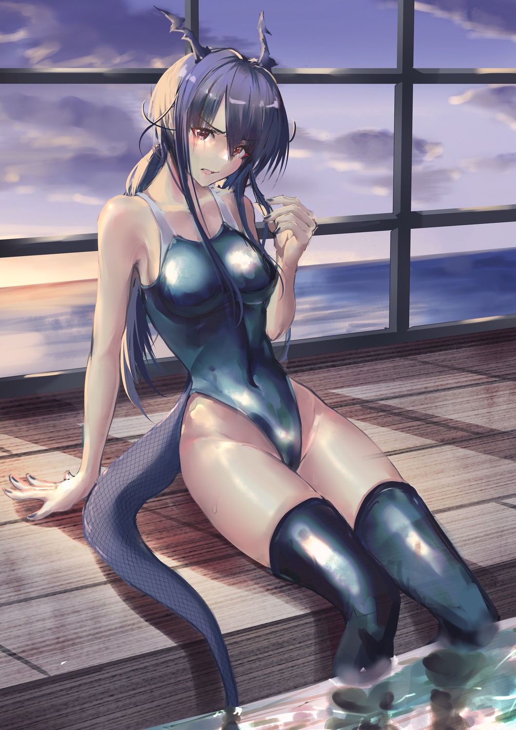 arknights ch'en_(arknights) drmaho1 horns swimsuits tail thighhighs wet