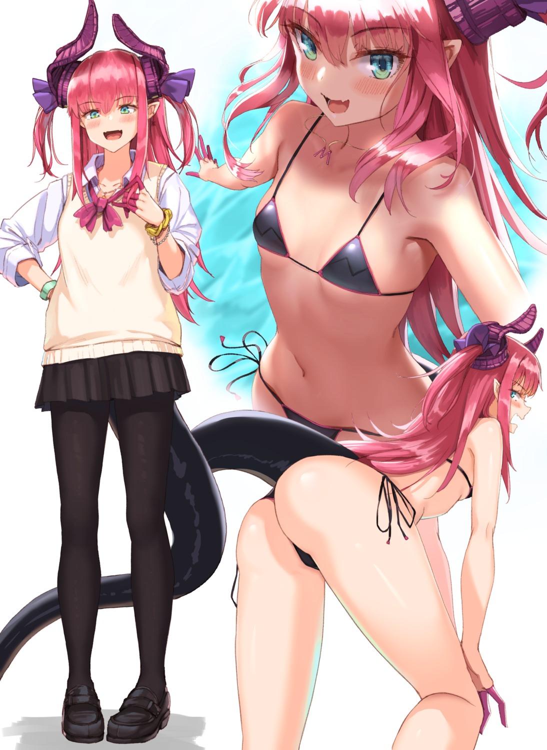 ass bikini elizabeth_bathory fate/extra fate/grand_order fate/stay_night horns maru_(maru1625) pantyhose pointy_ears seifuku sweater swimsuits tail thong