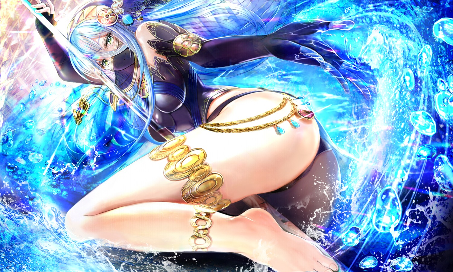 aqua_(fire_emblem) ass feet fire_emblem fire_emblem_if garter pantsu sword thong tongari wet