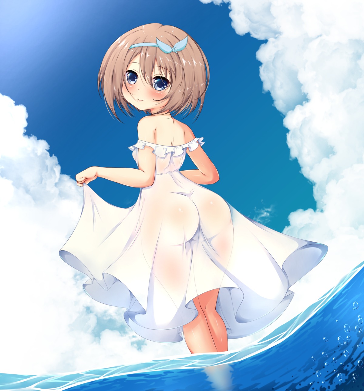 ass blanc choujigen_game_neptune dress ether_core loli no_bra nopan see_through skirt_lift summer_dress wet