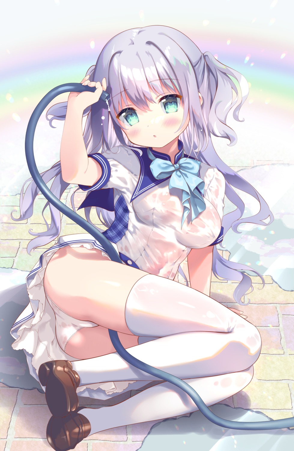 amanagi_seiji pantsu see_through seifuku skirt_lift thighhighs wet_clothes