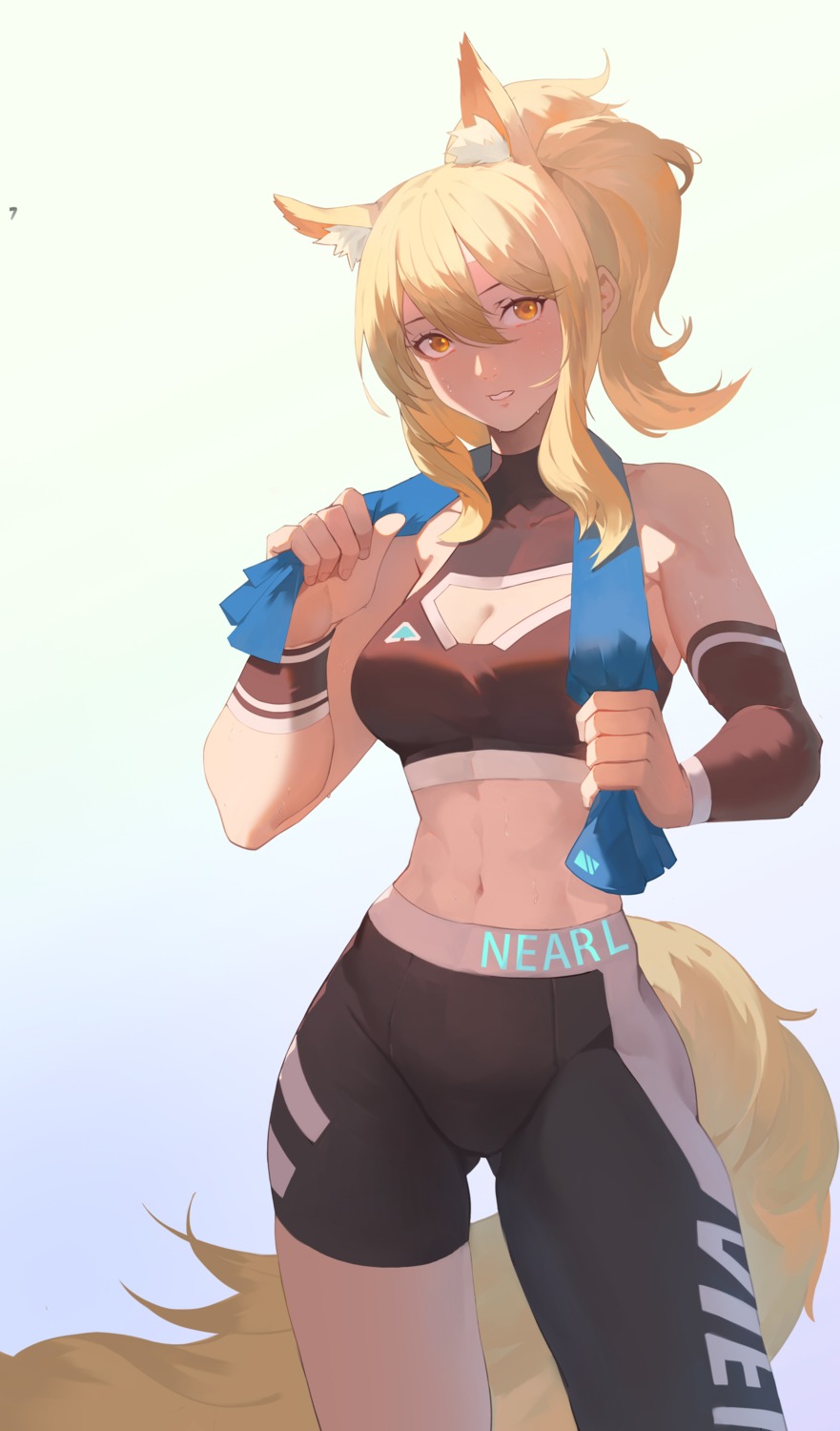 animal_ears arknights bra cleavage fanfanfanlove gym_uniform nearl_(arknights) tail towel