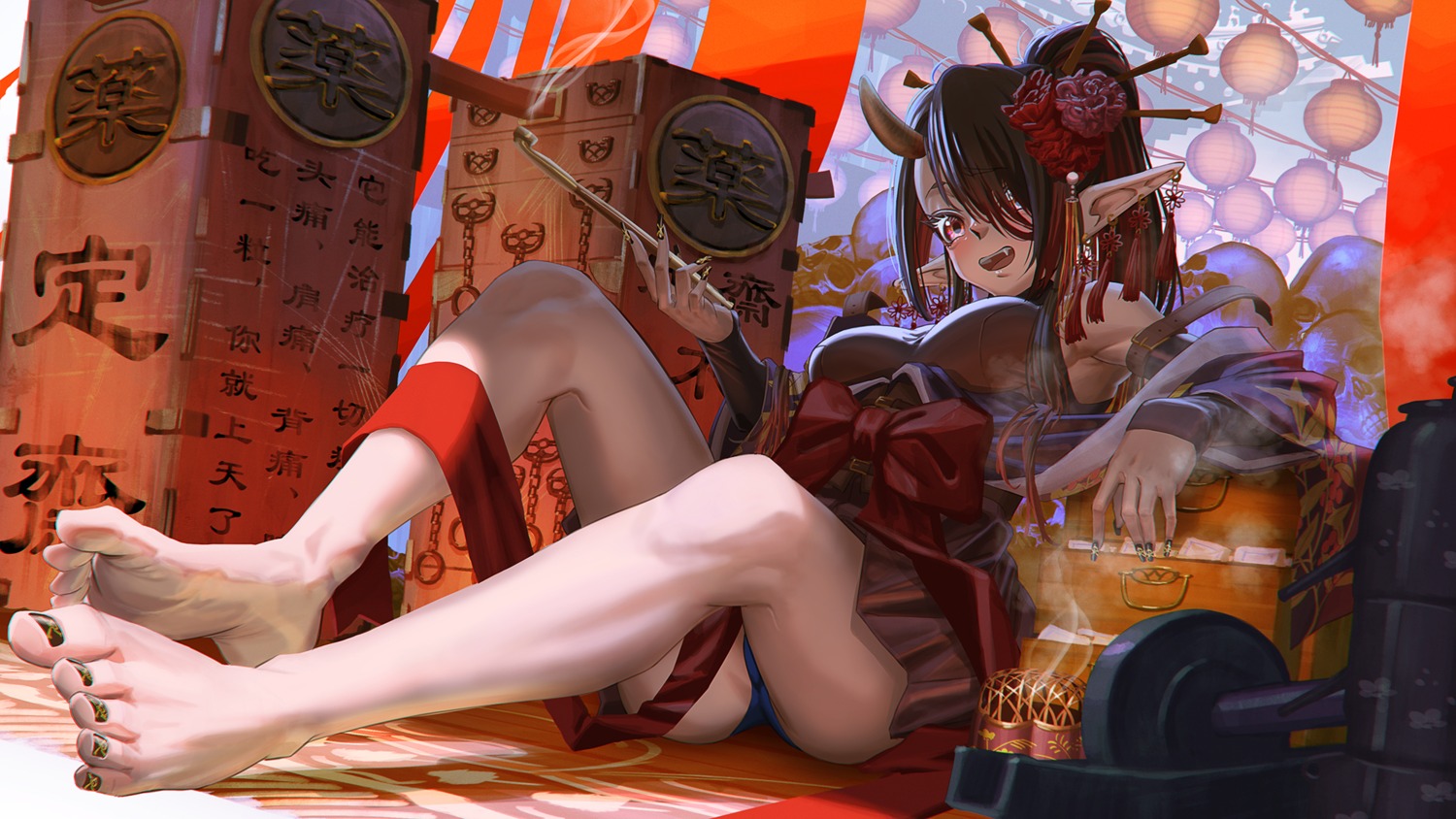 asian_clothes feet hironii_(hirofactory) horns pantsu pointy_ears skirt_lift