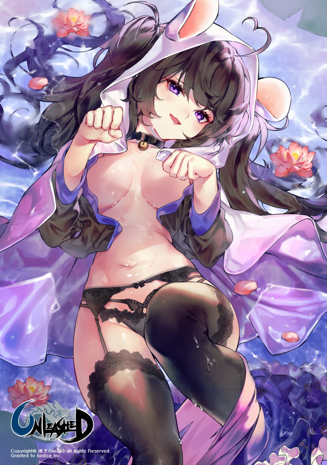 black_joa breasts fishnets garter_belt no_bra open_shirt pantsu stockings thighhighs unleashed wet