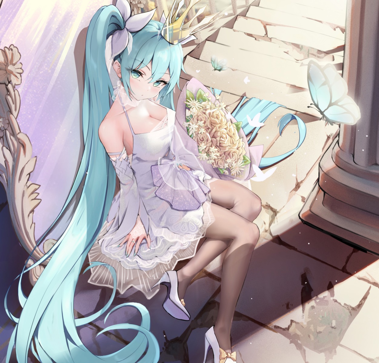 dress hatsune_miku heels no_bra pantyhose see_through vocaloid yuye