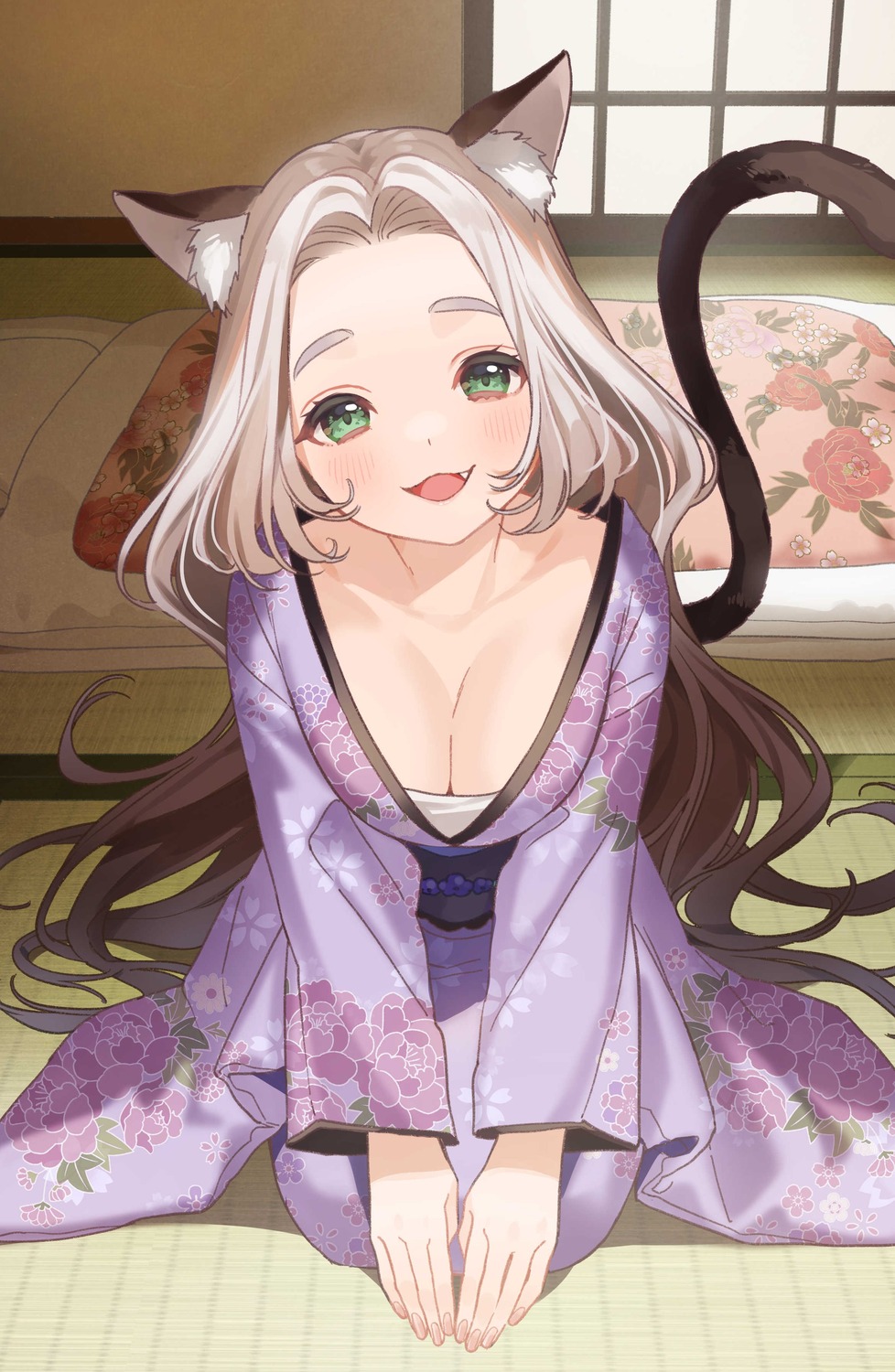 animal_ears buuta cleavage nekomimi tail yukata