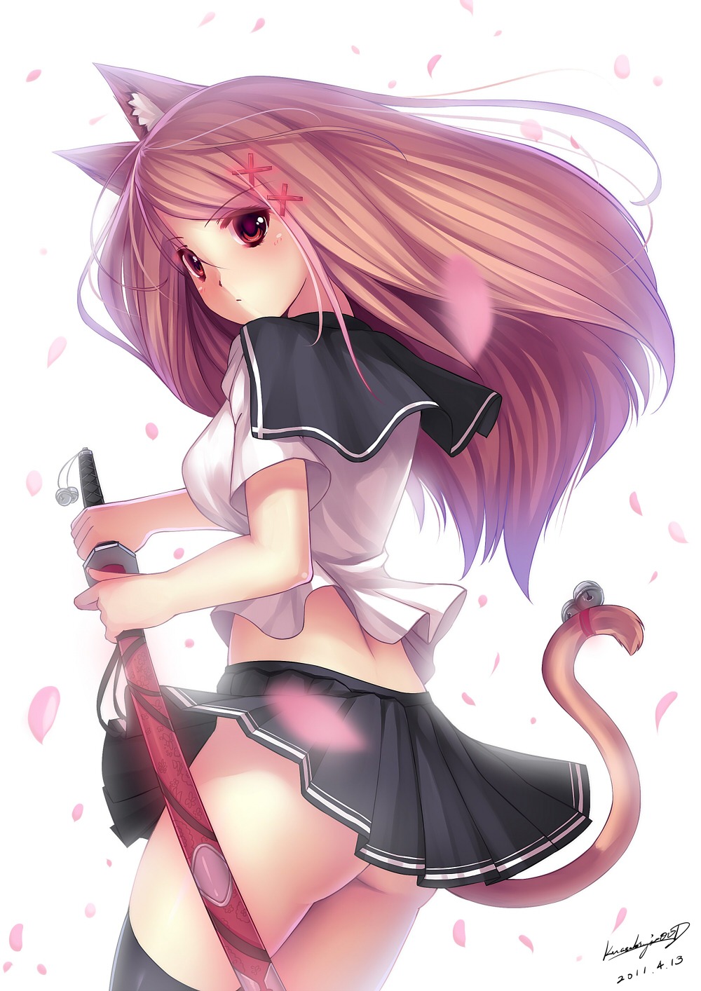 animal_ears caidychen nekomimi nopan seifuku sword tail thighhighs