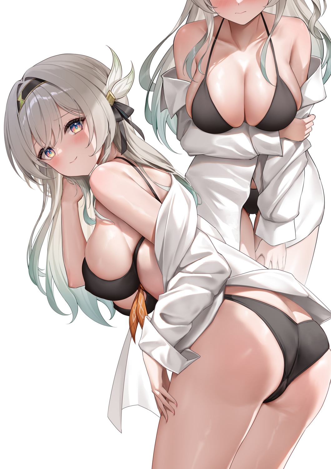 ass bikini breast_hold cameltoe dress_shirt erect_nipples firefly honkai:_star_rail lunacle open_shirt swimsuits thong