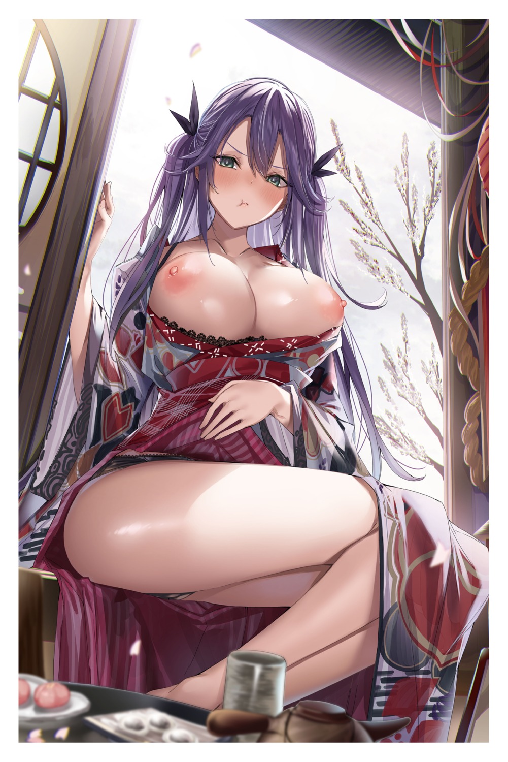 breasts kakao kimono nipples no_bra open_shirt pantsu skirt_lift