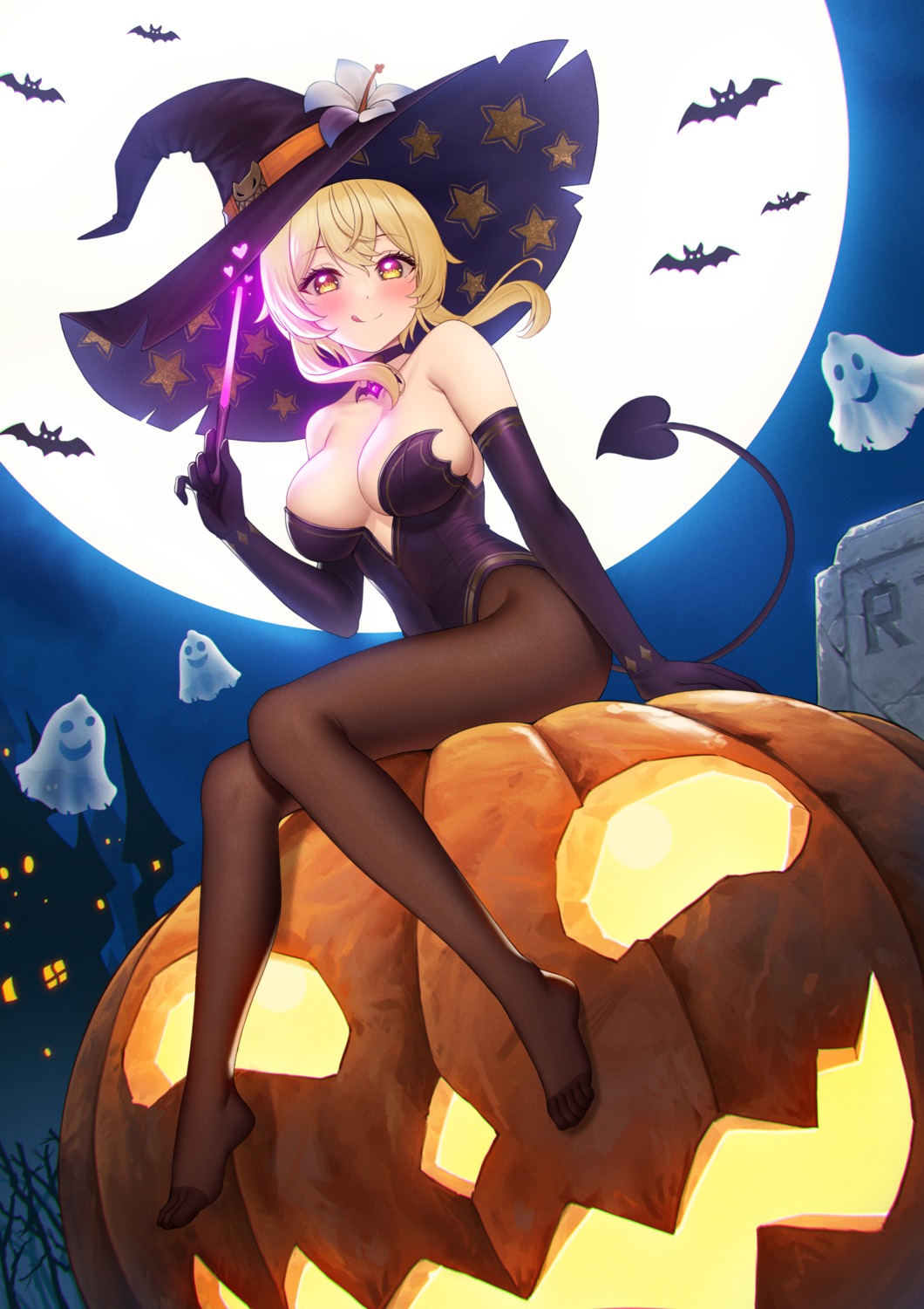 feet fukuro_ko_(greentea) genshin_impact halloween leotard lumine no_bra pantyhose tail thighhighs weapon witch