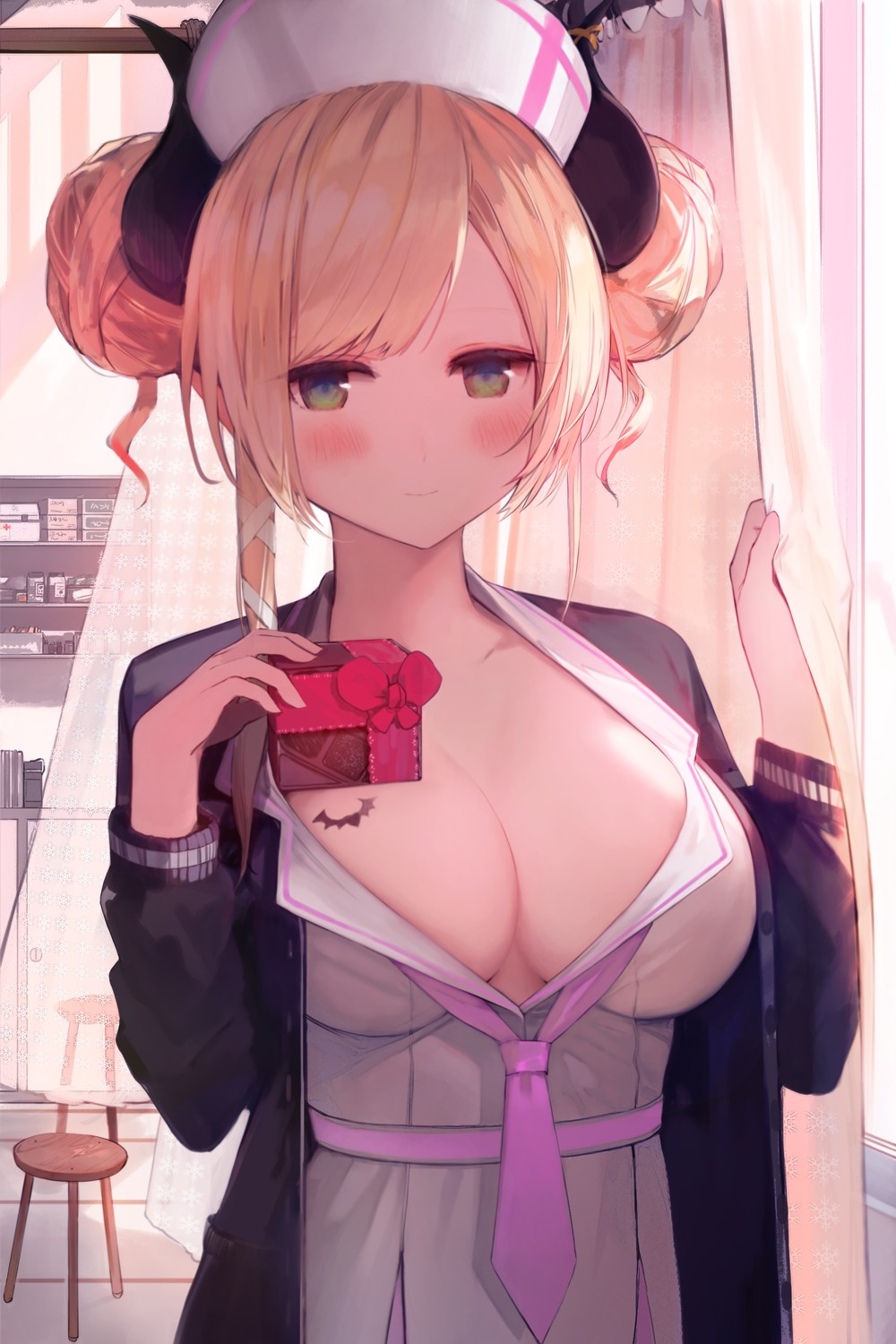 cleavage hololive horns liliespastry no_bra nurse open_shirt sweater tattoo valentine yuzuki_choco