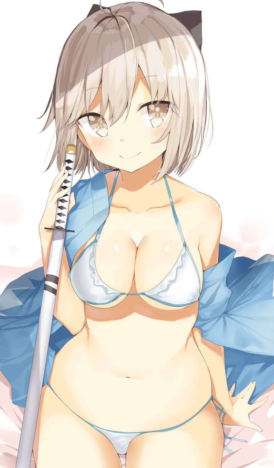 bikini cleavage fate/grand_order kura_ekaki okita_souji_(fate) open_shirt swimsuits sword underboob