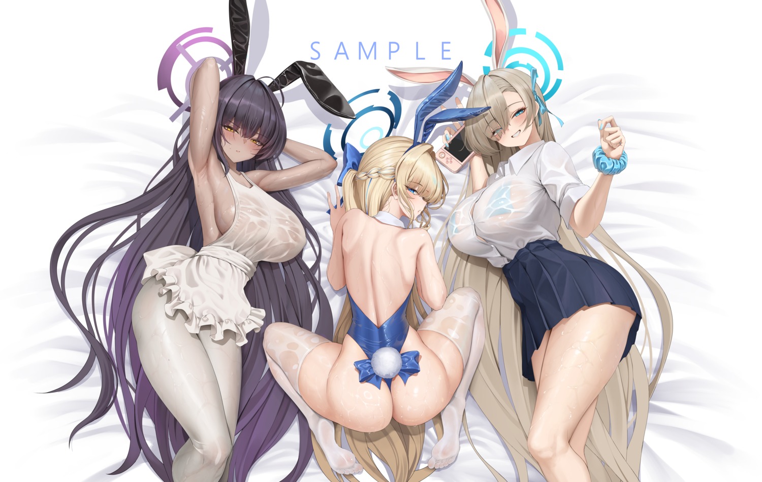 animal_ears ass asuma_toki bikini_top blue_archive bunny_ears bunny_girl halo ichinose_asuna kakudate_karin momoriko no_bra pantyhose sample see_through seifuku swimsuits tail thighhighs wet wet_clothes