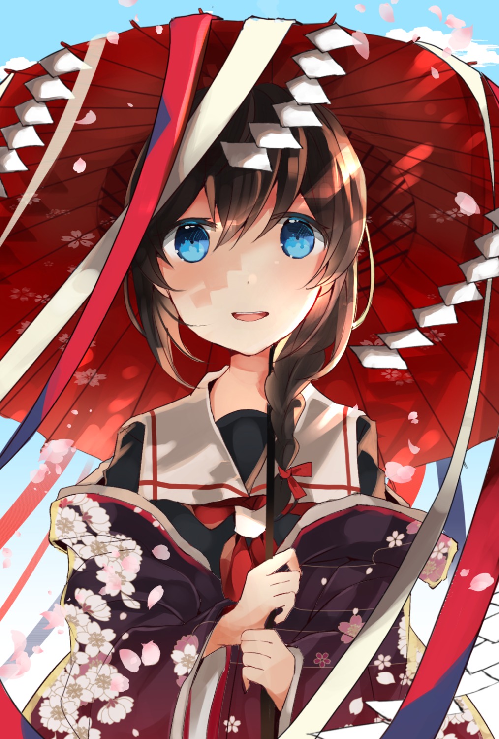 kantai_collection kimono kumahara open_shirt seifuku shigure_(kancolle) umbrella