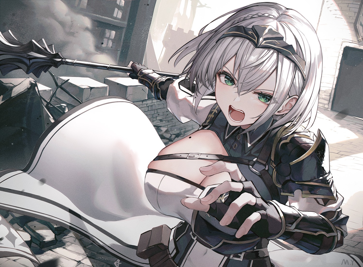 armor cleavage hololive myung_yi shirogane_noel weapon