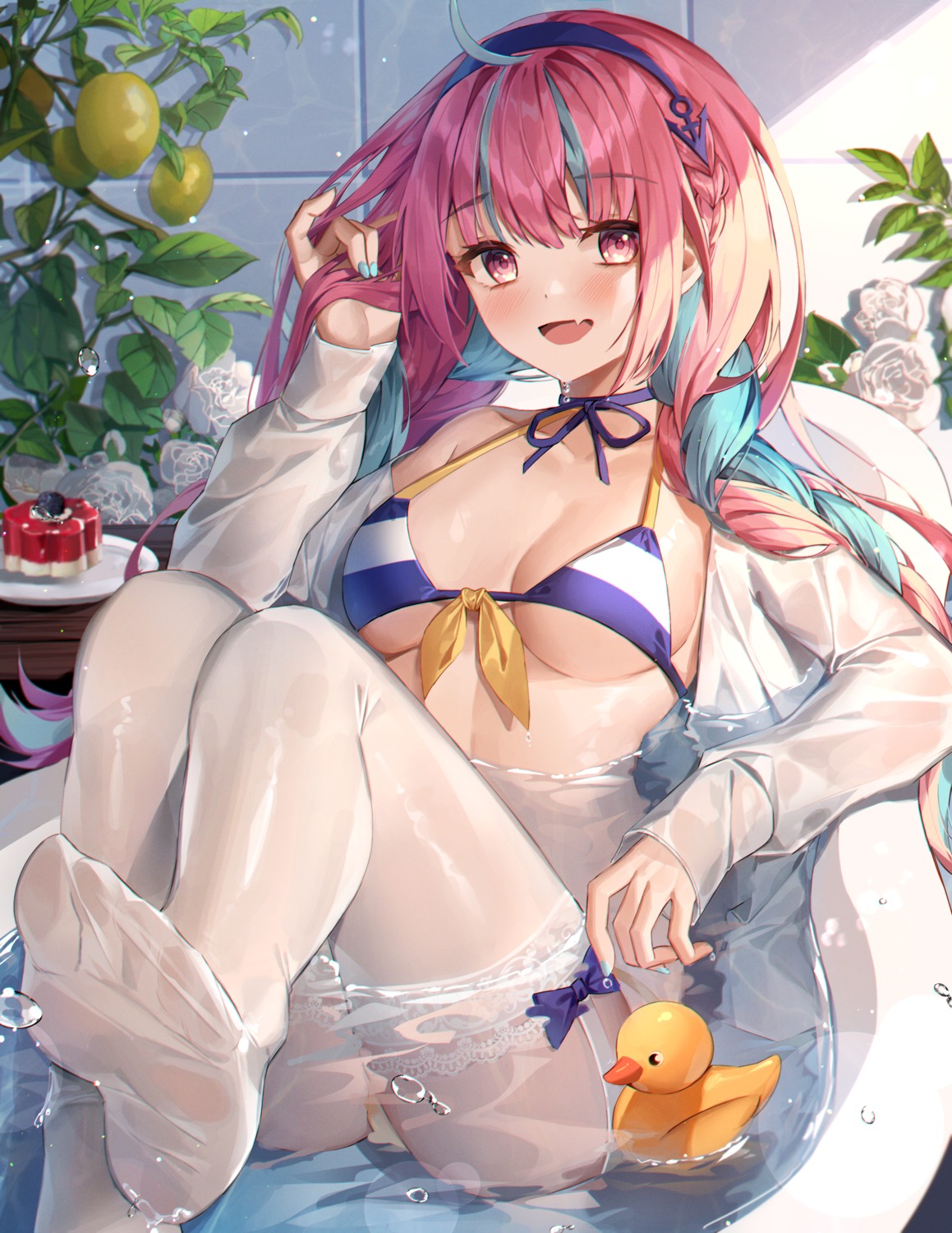 bathing bikini feet hololive minato_aqua minttchocok open_shirt see_through stockings swimsuits thighhighs wet wet_clothes