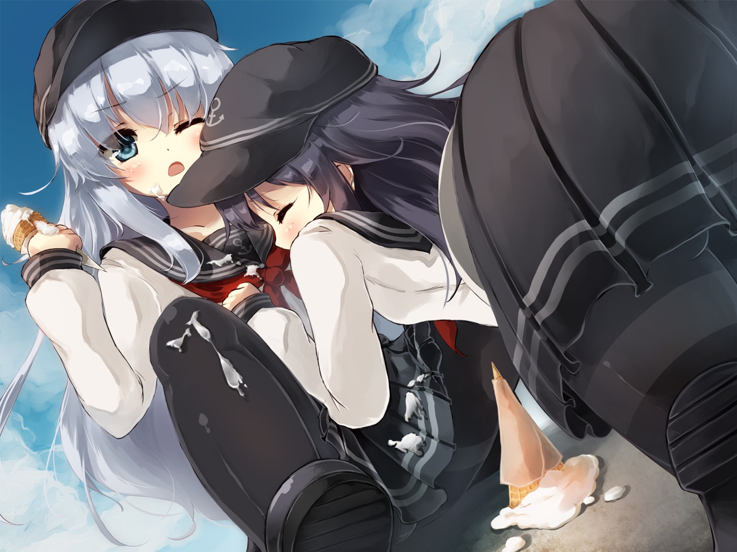 akatsuki_(kancolle) cream gengetsu_chihiro hibiki_(kancolle) kantai_collection pantyhose seifuku wallpaper