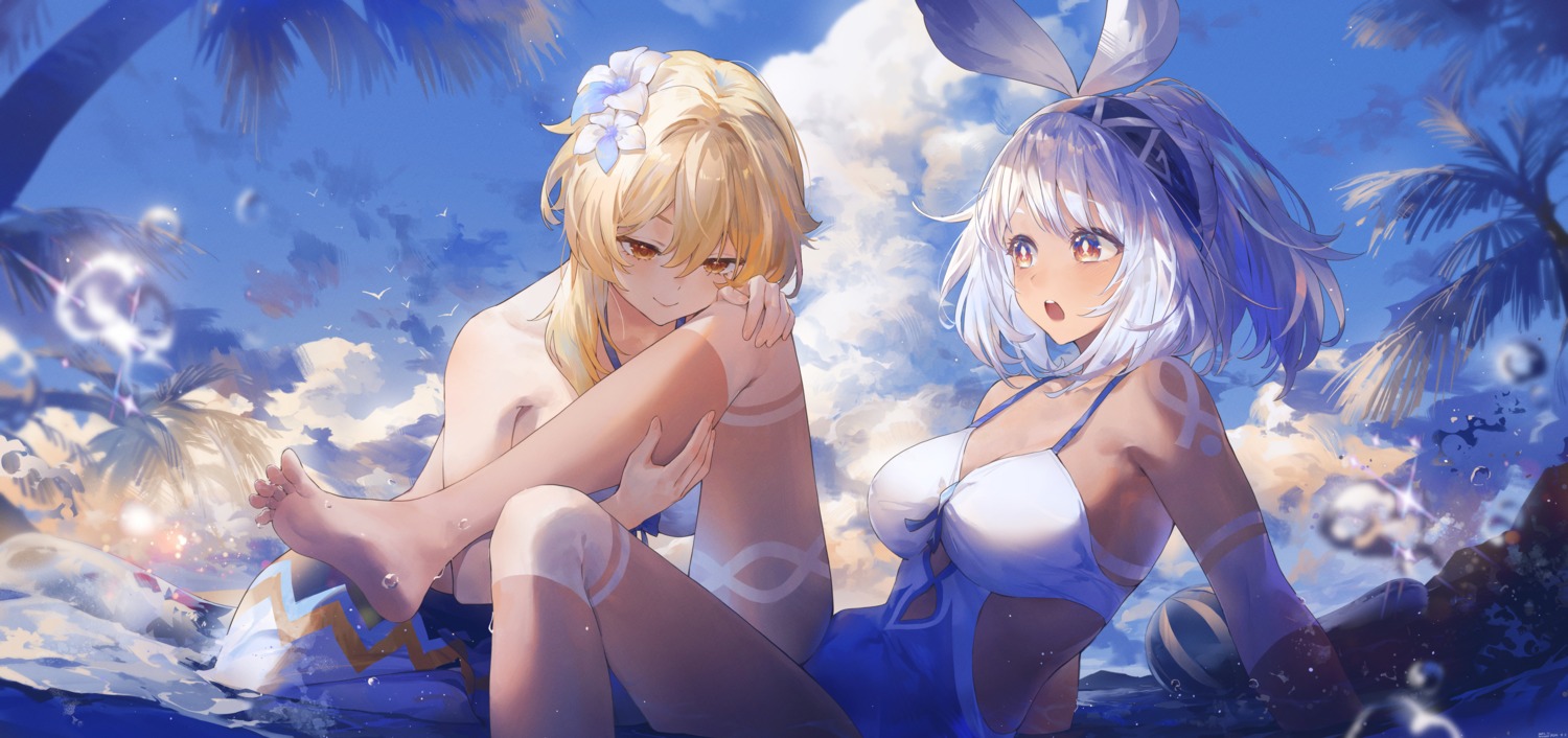 artist_revision bikini garter genshin_impact lumine mualani swimsuits swkl:d tan_lines wet yuri