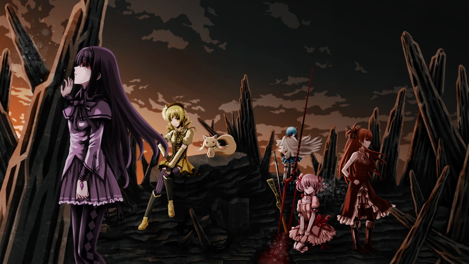 akemi_homura dress heiyuen kaname_madoka kyubey mahou_shoujo_madoka_magica miki_sayaka pantyhose sakura_kyouko sword tomoe_mami wallpaper