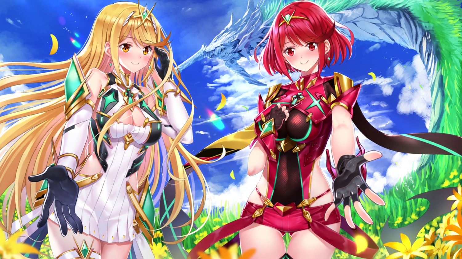 cleavage dress garter hikari_(xenoblade_2) homura_(xenoblade_2) swordsouls wallpaper xenoblade xenoblade_chronicles_2