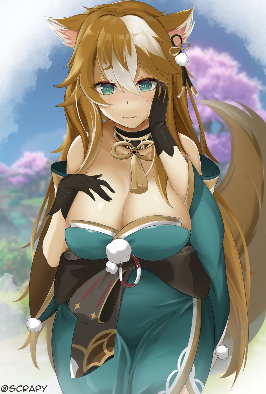 animal_ears breast_hold dress genshin_impact gorou_(genshin_impact) hina_(genshin_impact) no_bra scrapy tail