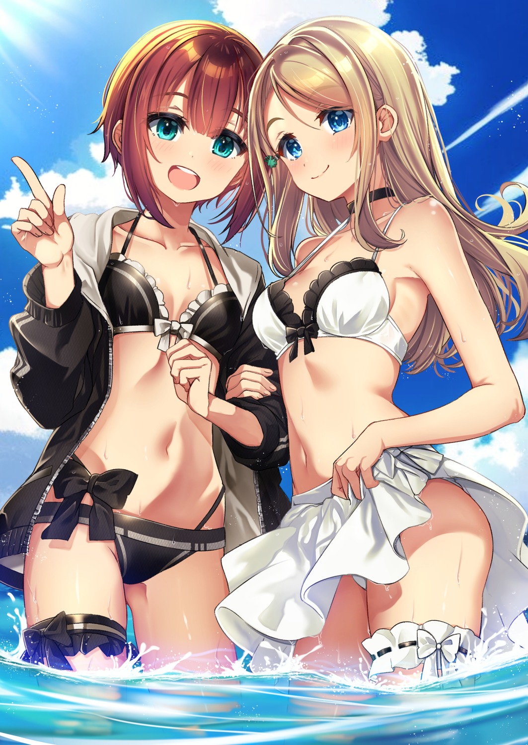 ayase_arisa bikini cleavage garter kousaka_yukiho love_live! mad_(hazukiken) open_shirt skirt_lift swimsuits wet