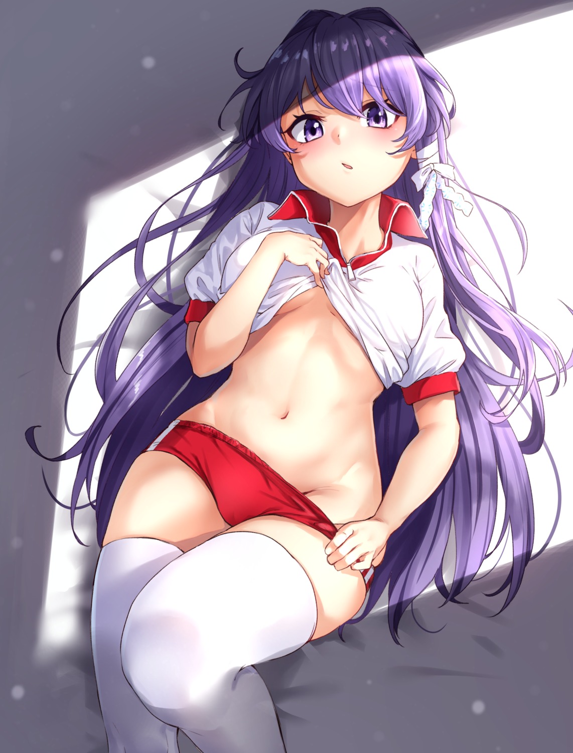 buruma clannad fujibayashi_kyou gym_uniform m.tokotsu no_bra nopan shirt_lift thighhighs undressing