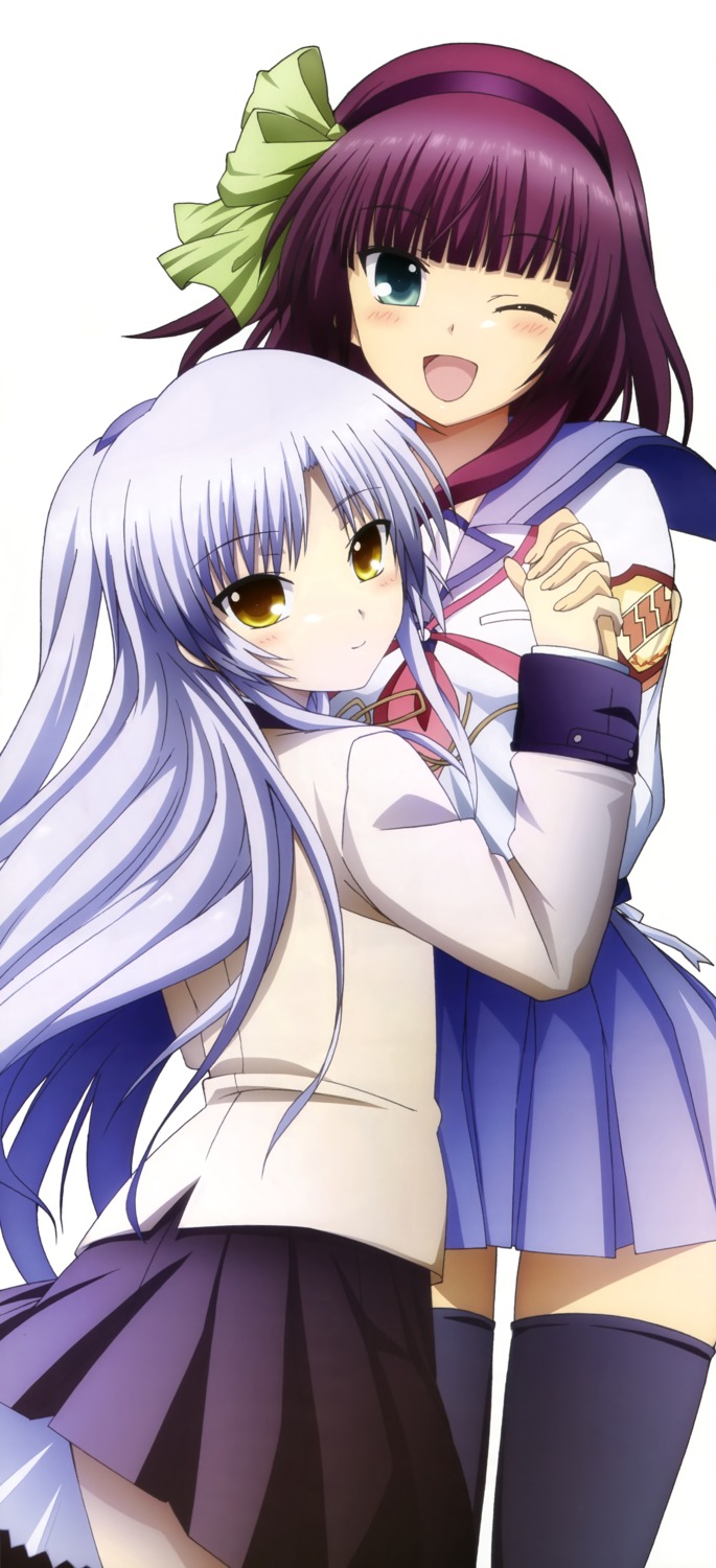 angel_beats! nakamura_yuri satou_rika seifuku stick_poster tachibana_kanade thighhighs