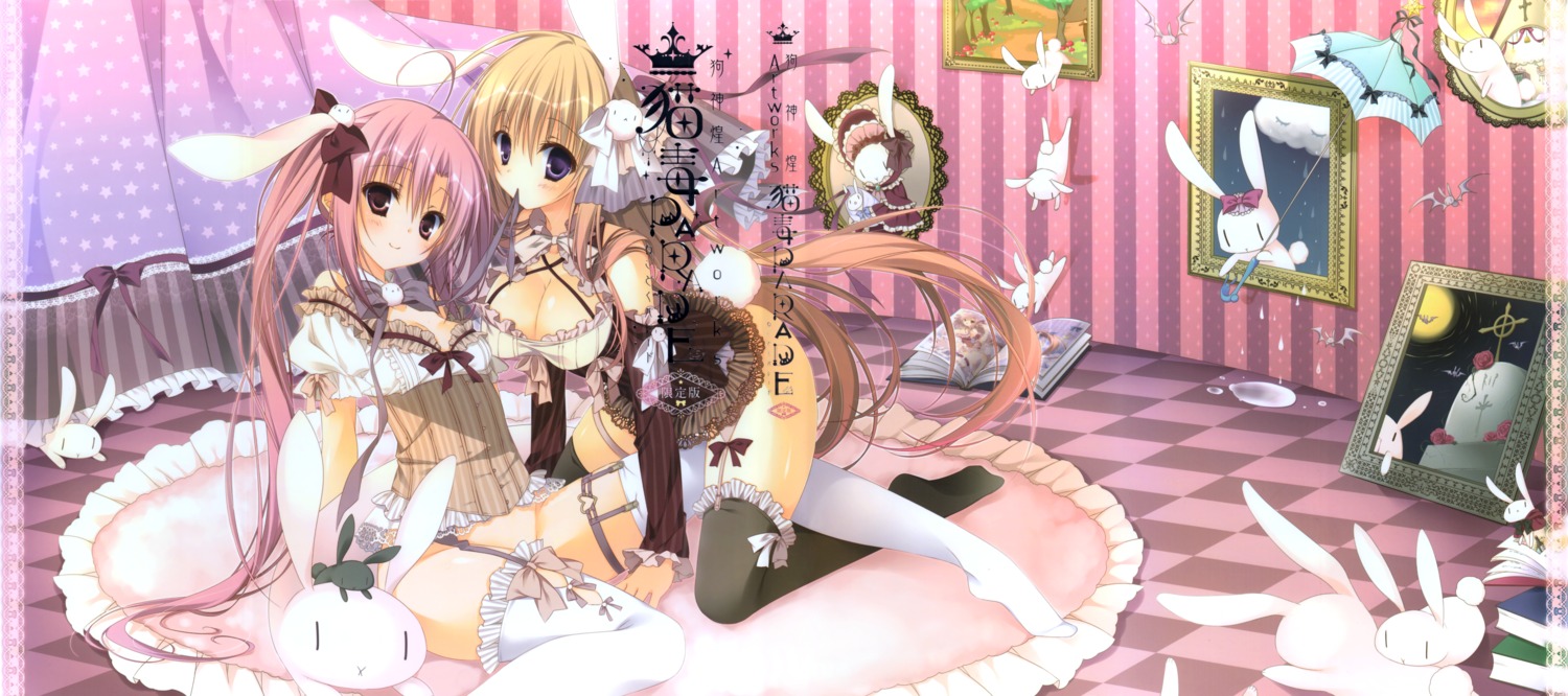 animal_ears bunny_ears cleavage gothic_lolita inugami_kira lolita_fashion nopan stockings tail thighhighs umbrella