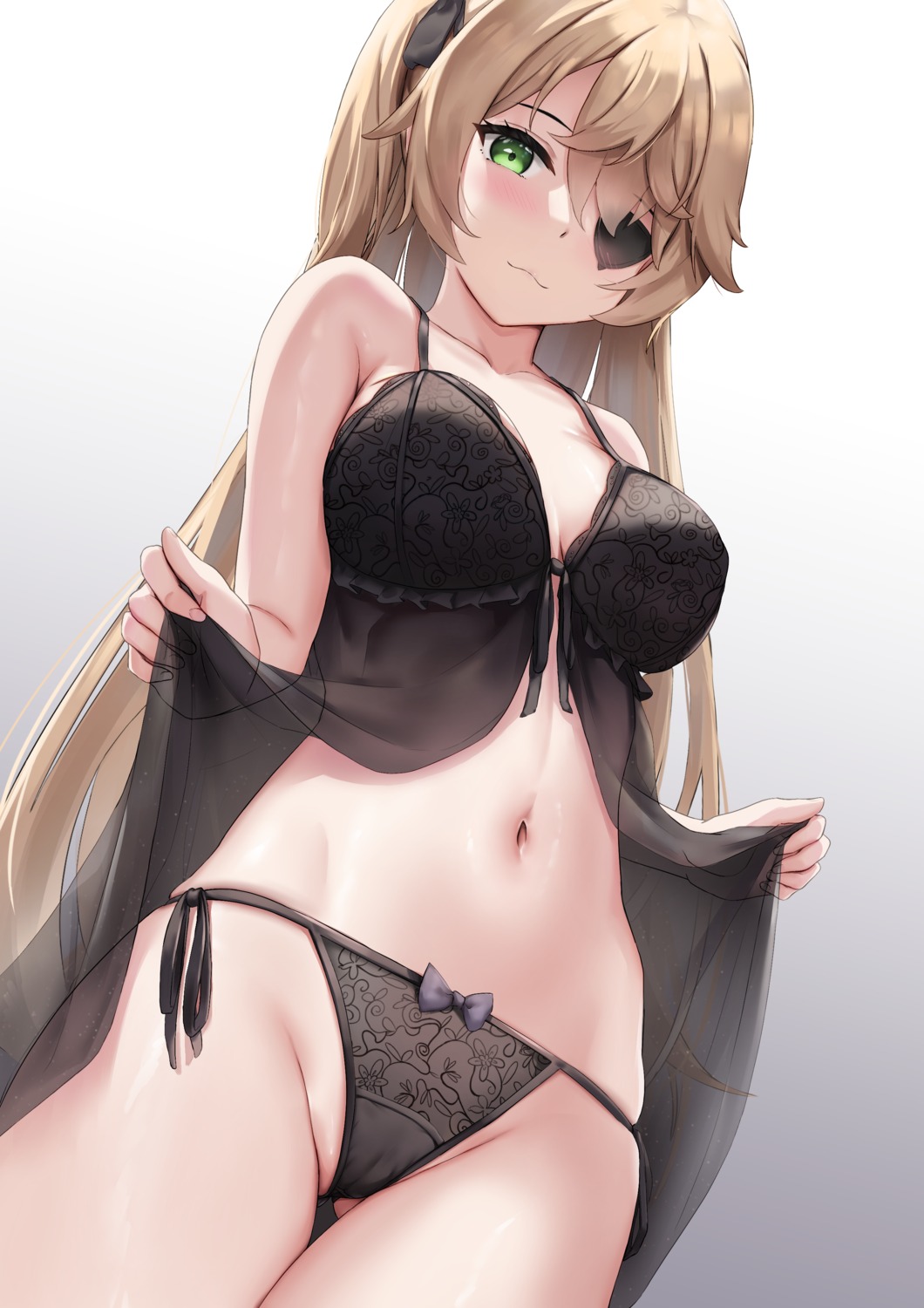 cameltoe eyepatch fischl genshin_impact lingerie pantsu see_through skai_kun skirt_lift string_panties