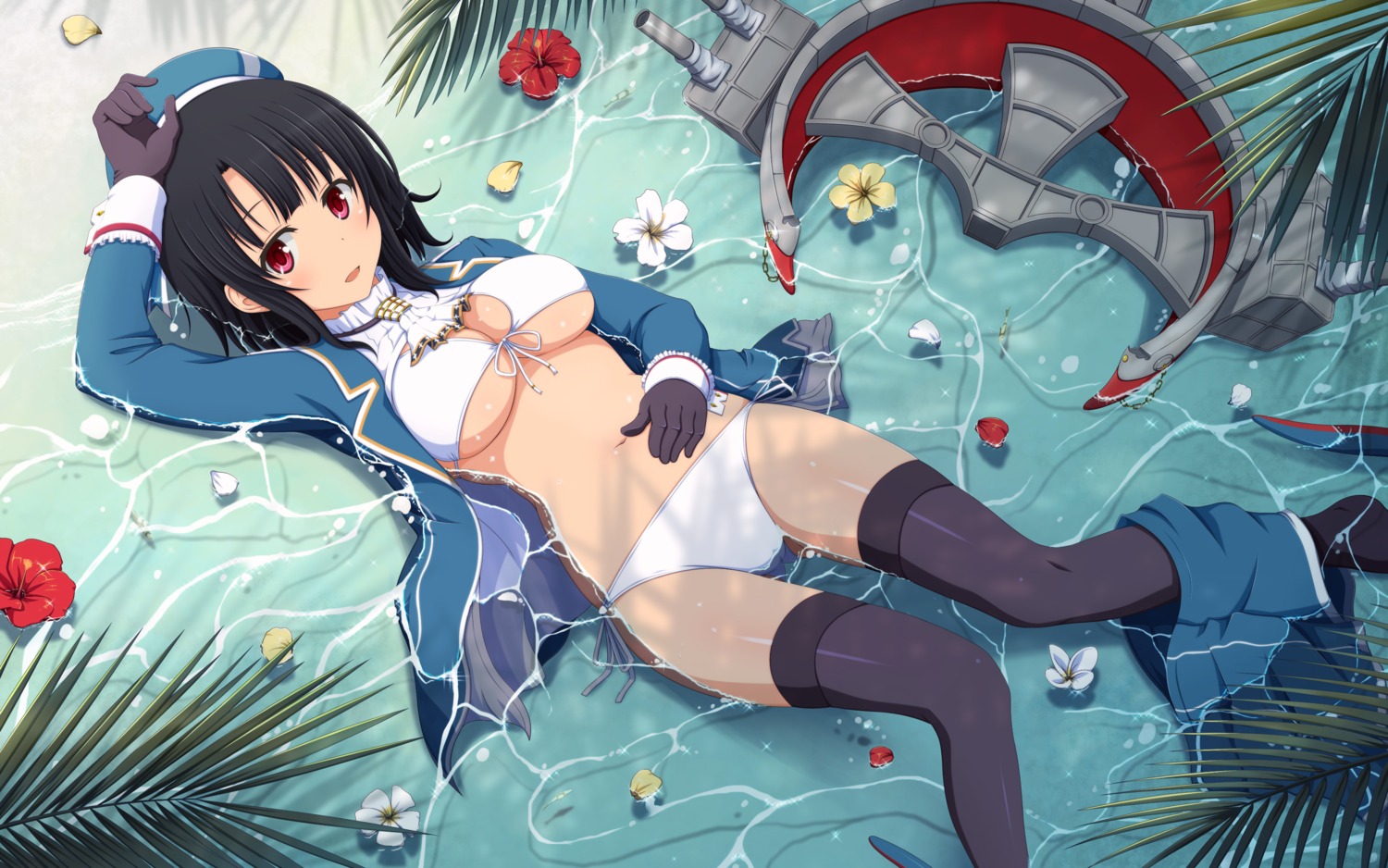 bikini cleavage kantai_collection open_shirt shira-nyoro swimsuits takao_(kancolle) thighhighs underboob uniform wet