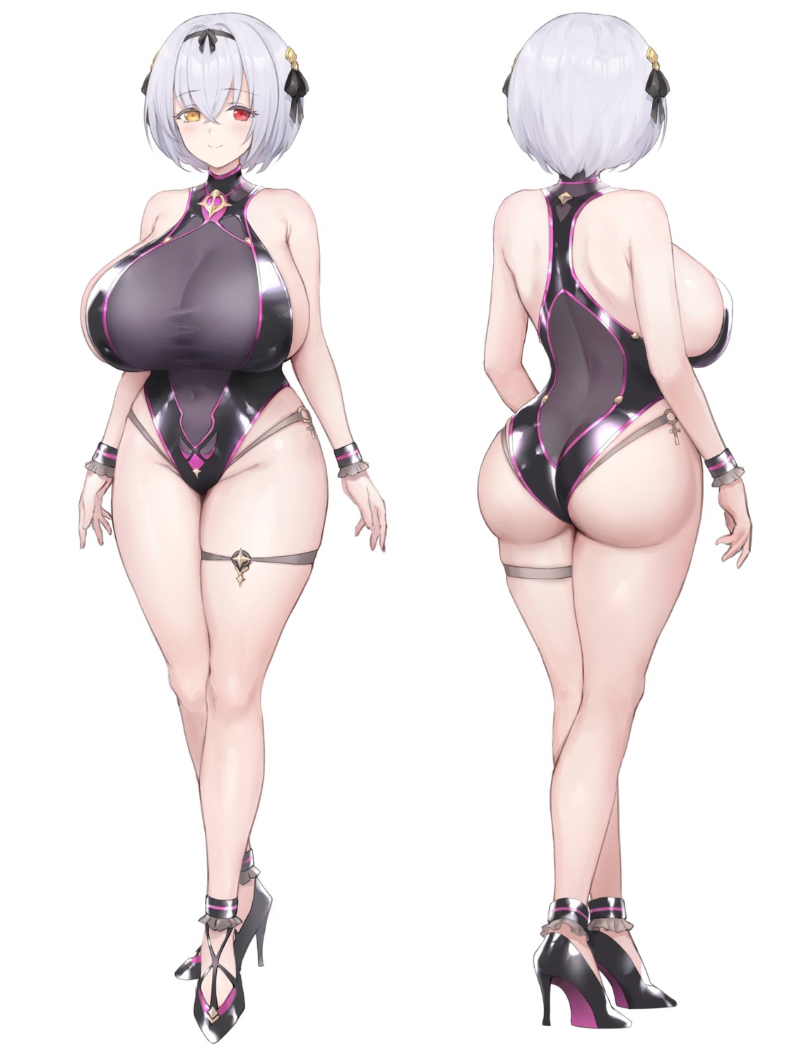 alicia_renato_(yashiro_sousaku) ass garter haoni heels heterochromia see_through swimsuits