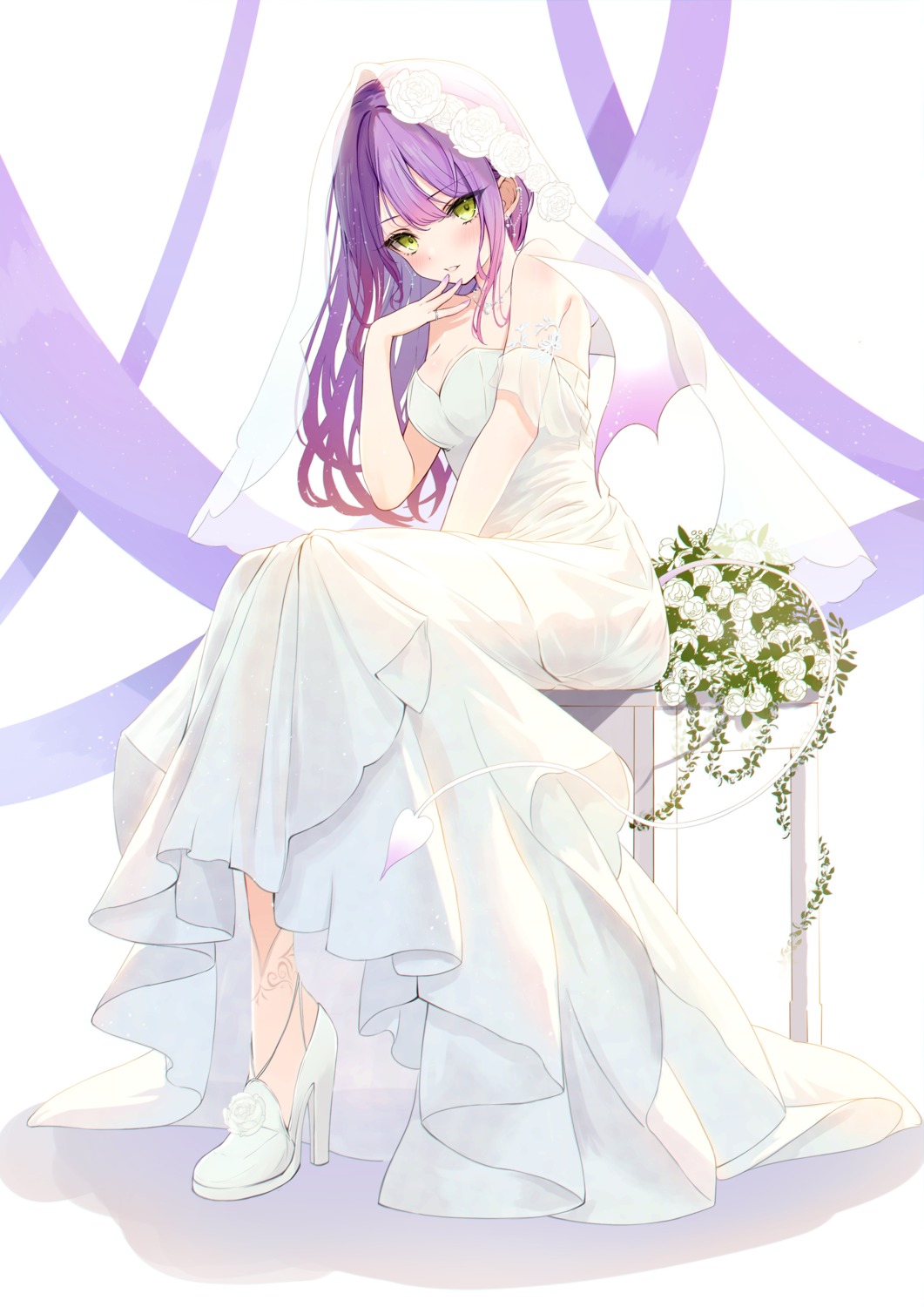 dress heels hololive no_bra see_through tail tokoyami_towa totuoooo1015 wedding_dress wings