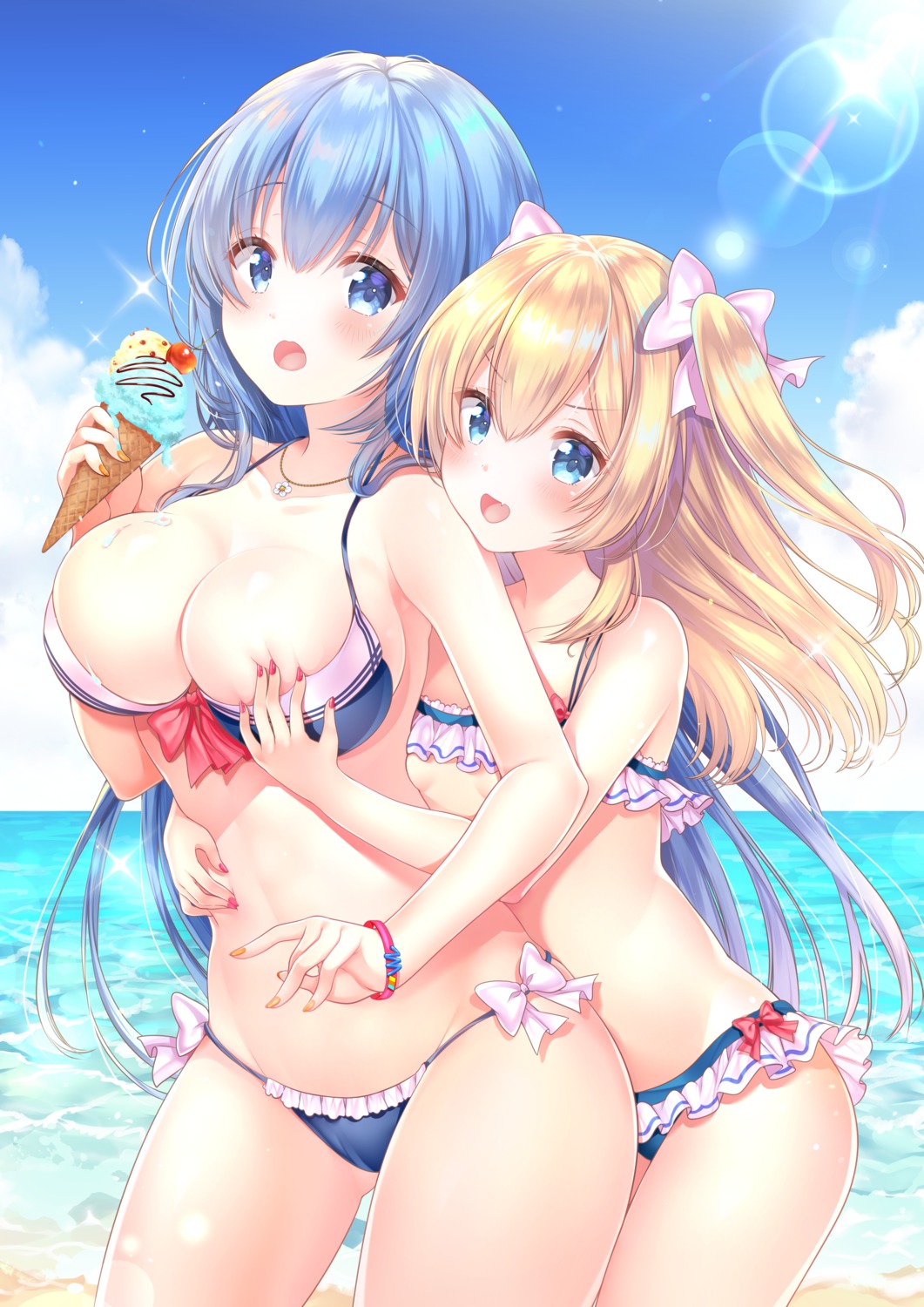 bikini breast_grab emori_el emori_miku emori_miku_project sakura_moyon swimsuits wardrobe_malfunction yuri