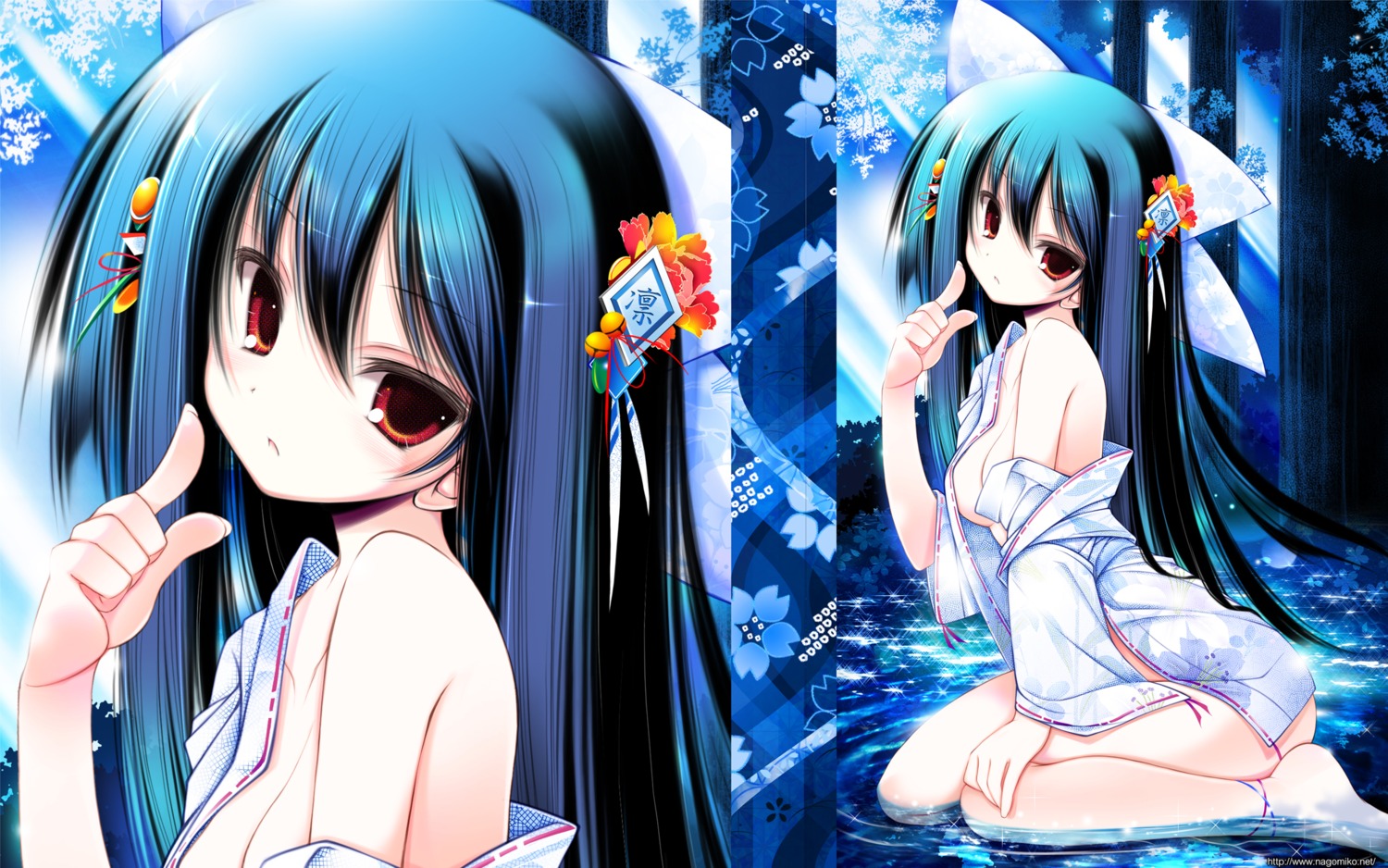 bottomless cleavage japanese_clothes nagomi no_bra open_shirt tenmu_shinryuusai wallpaper wet