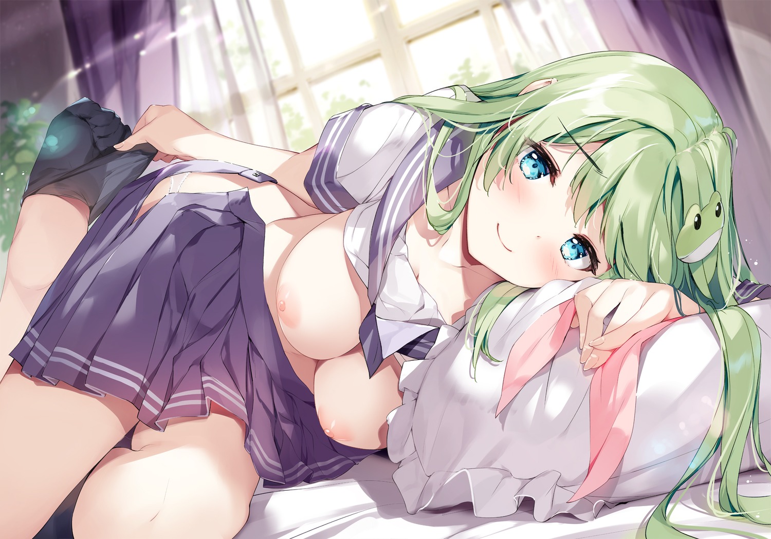 breasts kochiya_sanae miyase_mahiro nipples no_bra pantsu see_through seifuku shirt_lift touhou undressing wardrobe_malfunction