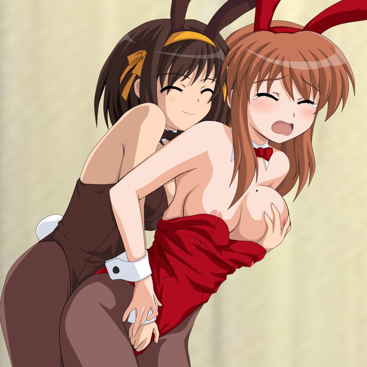 animal_ears asahina_mikuru breast_grab breasts bunny_ears bunny_girl danna fingering nipples pantyhose suzumiya_haruhi suzumiya_haruhi_no_yuuutsu yuri