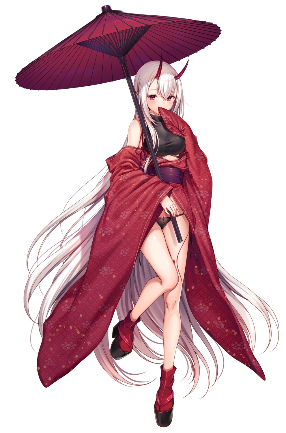 heels horns japanese_clothes komeshiro_kasu pantsu pointy_ears umbrella