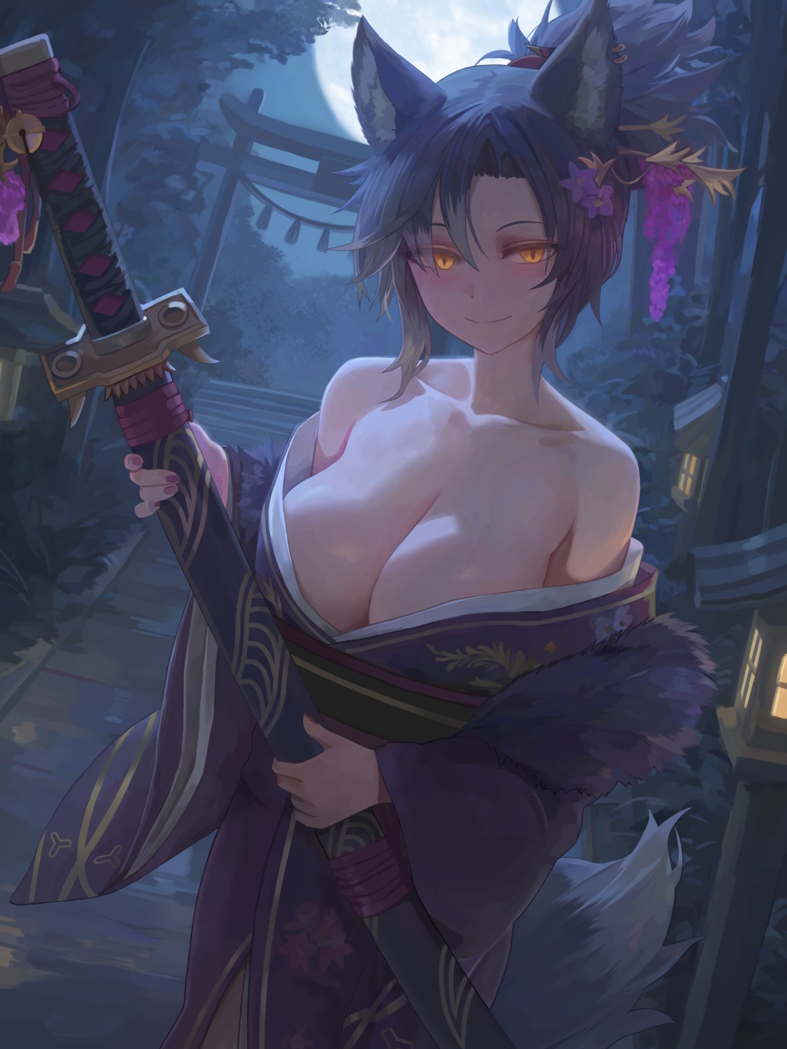 animal_ears junmin kimono no_bra open_shirt sword