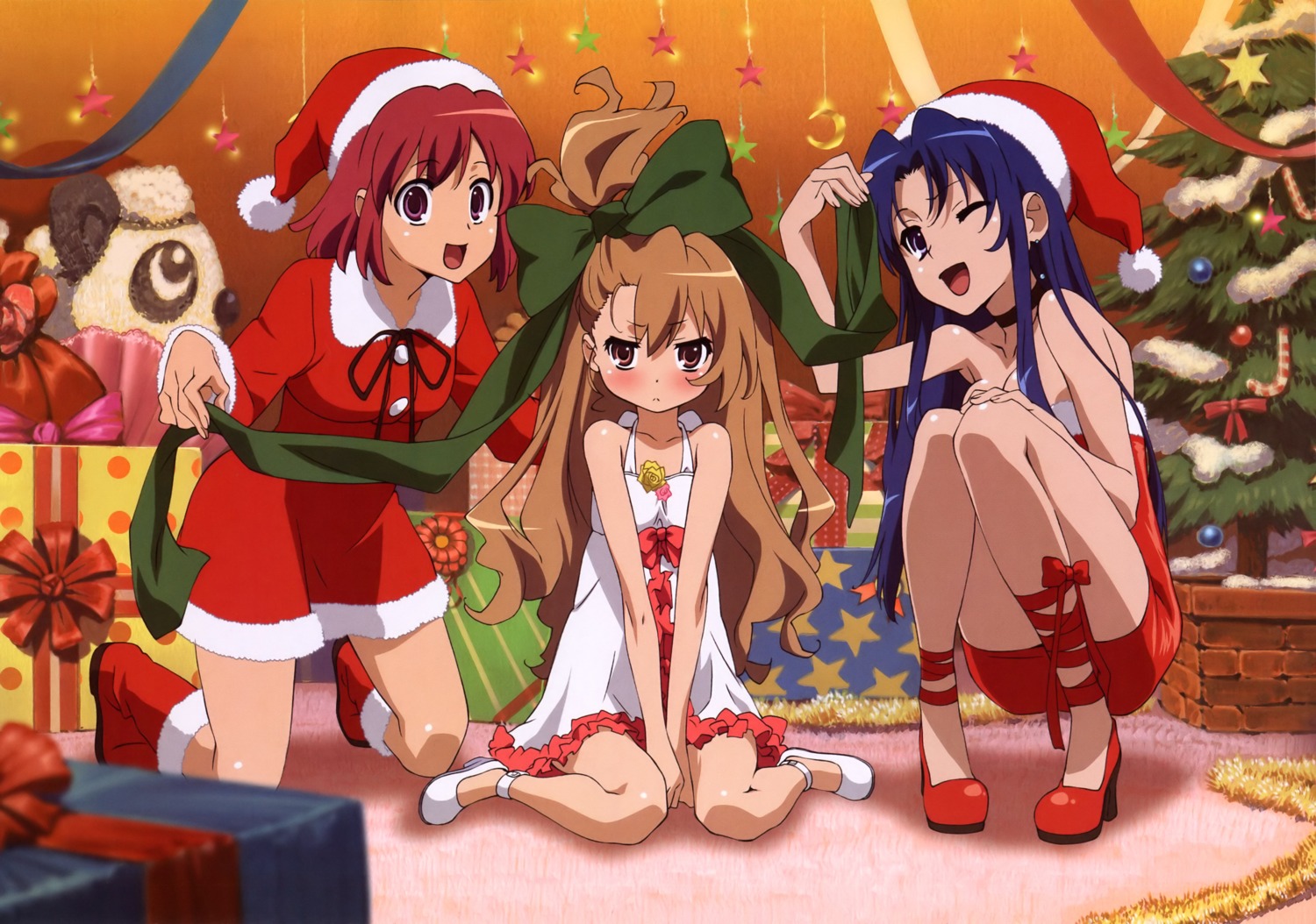 aisaka_taiga christmas cleavage dress kawashima_ami kushieda_minori toradora!