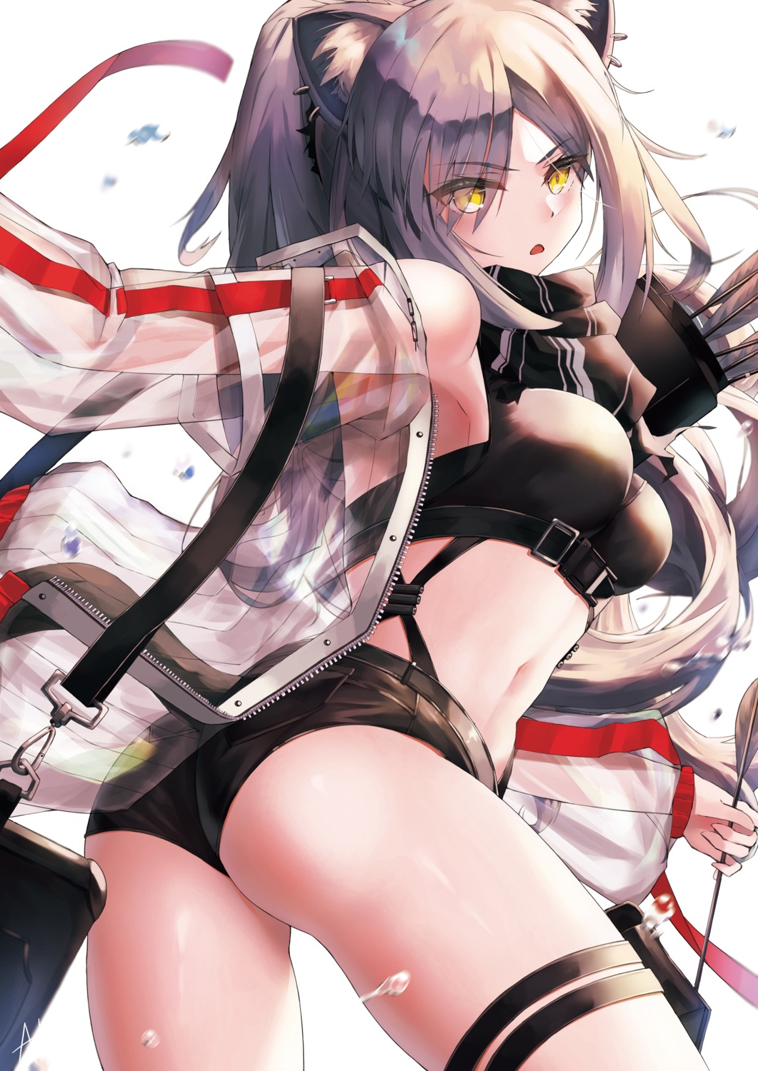 animal_ears arknights ass garter kxc7357 open_shirt schwarz_(arknights) see_through tail weapon