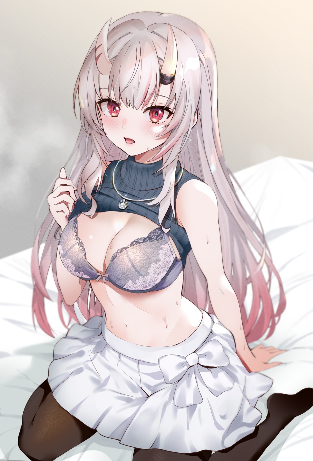 bra cleavage hololive horns nakiri_ayame pantyhose pukara shirt_lift sweater