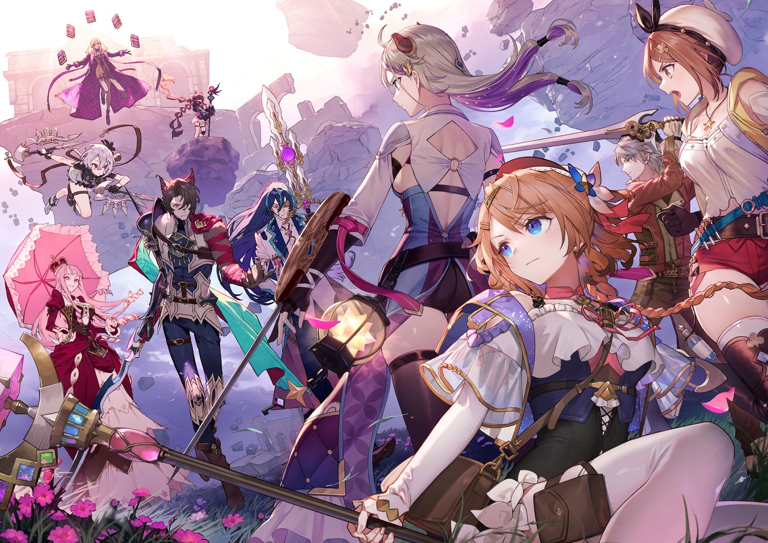 animal_ears antje_moltke atelier atelier_escha_&_logy atelier_resleriana atelier_ryza bandages criselda_amelhauser garter geron_diezel heterochromia horns johanna koei_tecmo lara_trockel logix_ficsario nekomimi no_bra noco reisalin_stout resna_sternenlicht see_through sword thighhighs tokki umbrella umiu_geso valeria_(atelier) walther_mann weapon