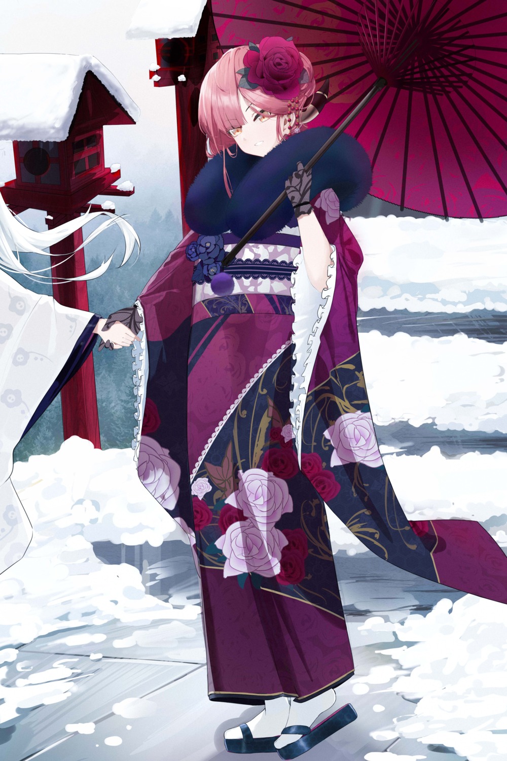 blue_archive horns jpeg_artifacts kimono lilin rikuhachima_aru umbrella