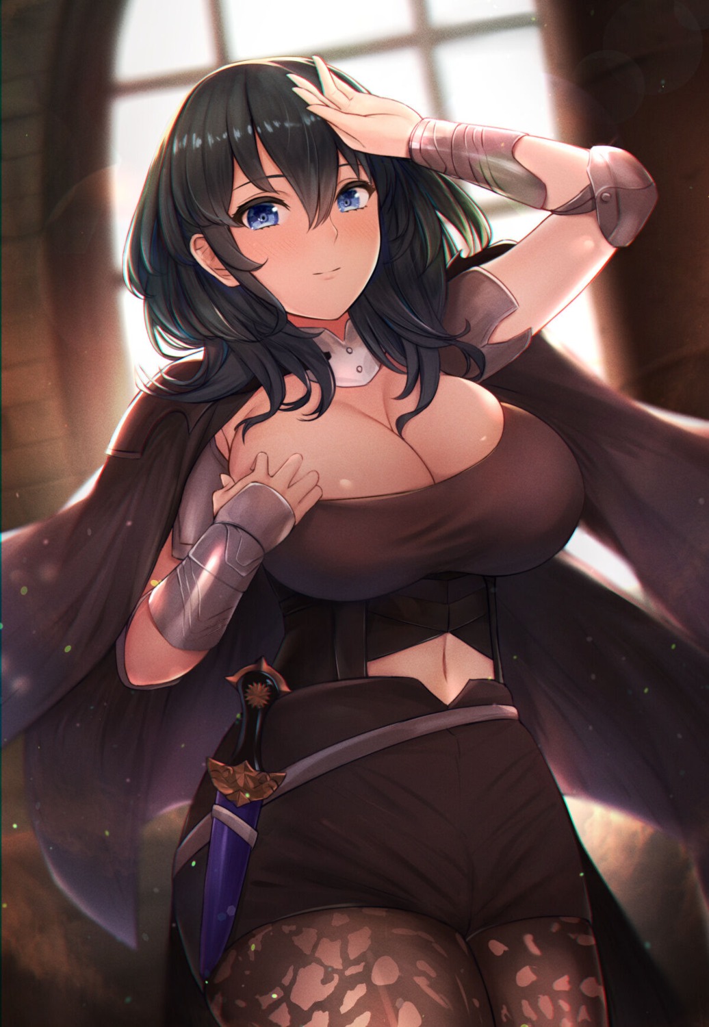 armor breast_hold byleth_(fire_emblem) cleavage fire_emblem fire_emblem_three_houses fou_zi pantyhose weapon