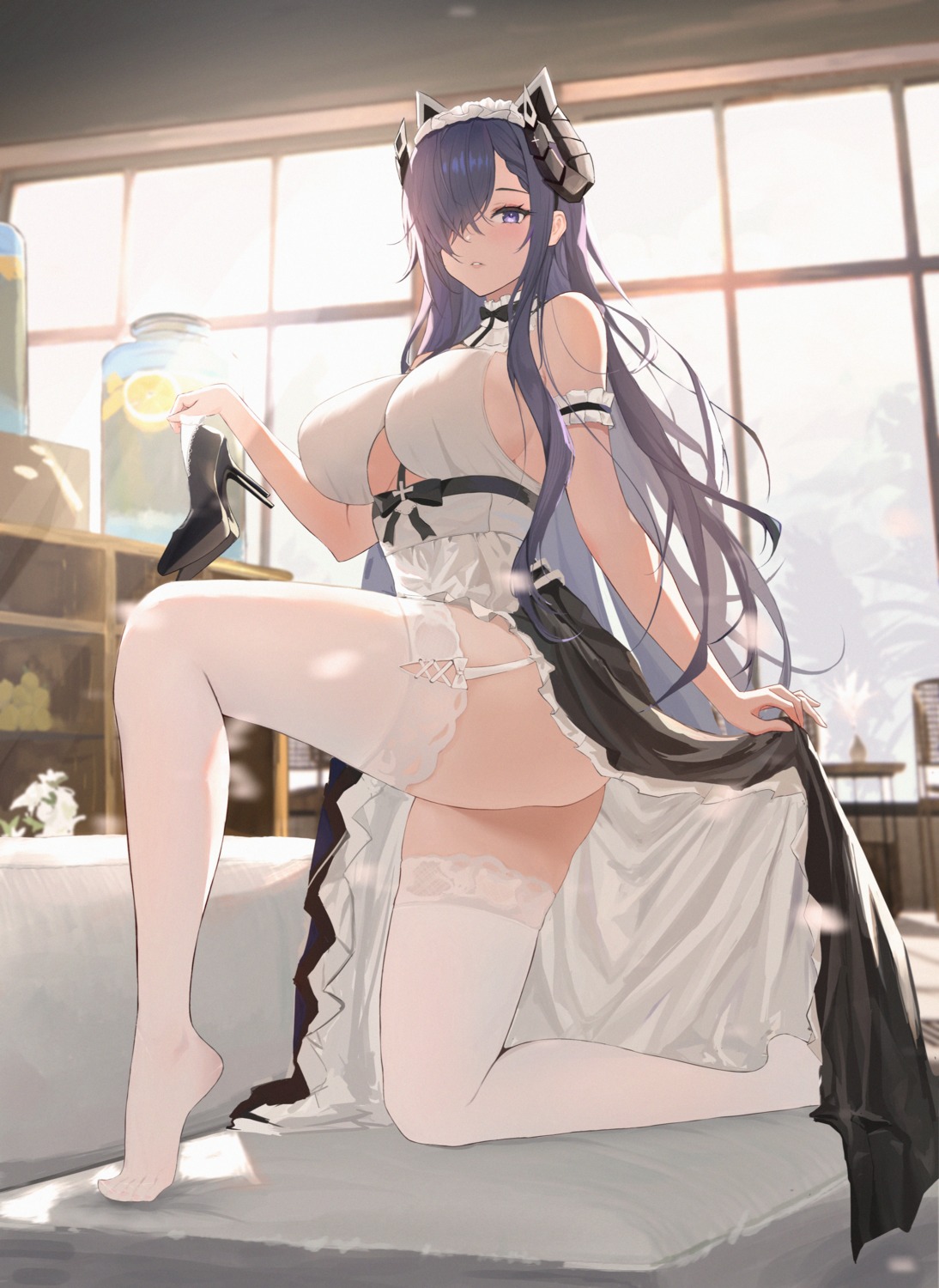 august_von_parseval_(azur_lane) azur_lane dido_(magicc) horns maid no_bra skirt_lift stockings thighhighs